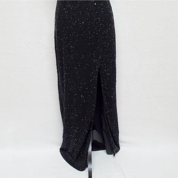 VINTAGE Marina B Black Sequin Beaded Side Slit Sleeveless Formal Maxi Dress 14 - Picture 7 of 16